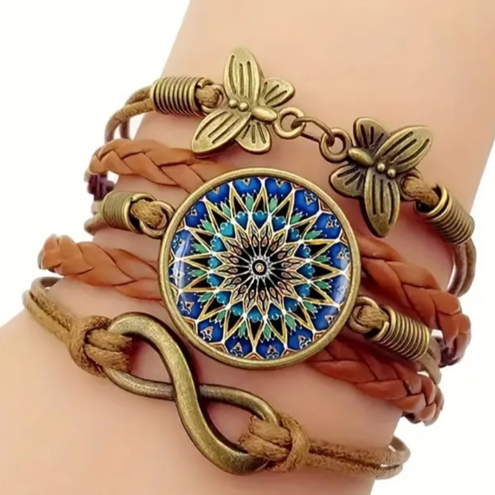 Y2K Western Chunky Bohemian Blue Gold Brown Butterfly‎ Bracelet-(#0157)